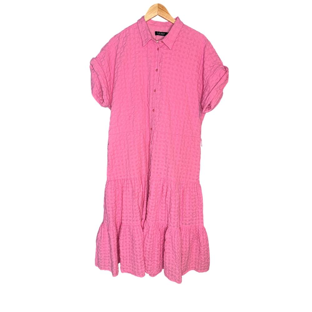 Lauren Ralph Lauren Pink Textured Cotton Shirt Dress Size 16 Pockets Maxi Plus - Picture 2 of 7